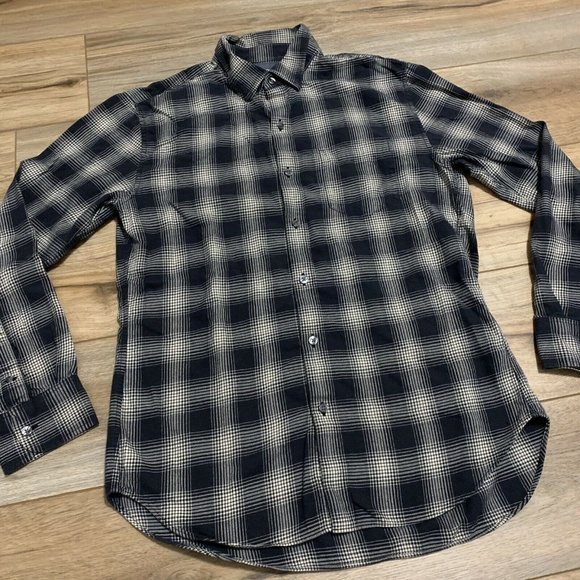 Men's Bonobos Button Up Shirt SZ MEDIUM Long Sleeve Slim Fit Black Tan Plaid Chk - Picture 2 of 7